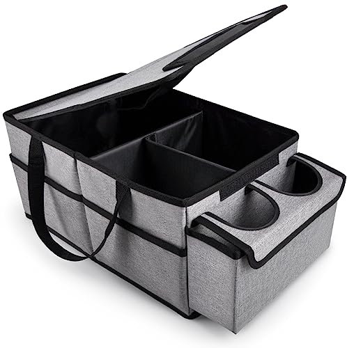 GUWINA Auto Organizer für Vorne und Rücksitz, Klappbar, mit Fächern und Deckel - Beifahrersitz und Kinder (Grau)