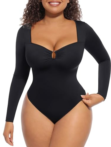 FeelinGirl Shapewear Bodysuit for Women Long Sleeve Tummy Control Body Suits Seamless Thong Body Shaper Black M