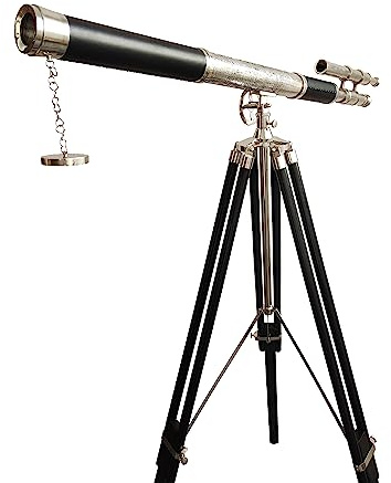 Antique Vintage Shiny Nickel Chrome Finish Telescope 65'' Nautical Leather Gifts Sail Boat with Black Wooden Standing Tripod Telescope