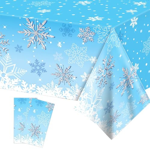POPOYU 2Stück Blaue Schneeflocke Tischdecke Rechteck Schneeflocken wasserdichte Tischdecke für Frozen Mottoparty137x274cm Blaue Schneeflocke Kunststoff Tischdecke für Weihnachten Winter-Party-Zubehör