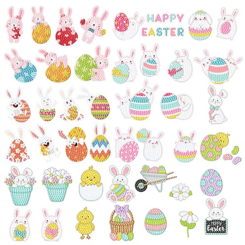 45 Stück Ostern Diamant Malerei Aufkleber,5D Diamond Painting Set Ostern für Kinder Erwachsene Anfänger,Kaninchen Hase Ei DIY Ostern Diamond Painting Sticker Set Diamant Bilder Aufkleber Kit Geschenk