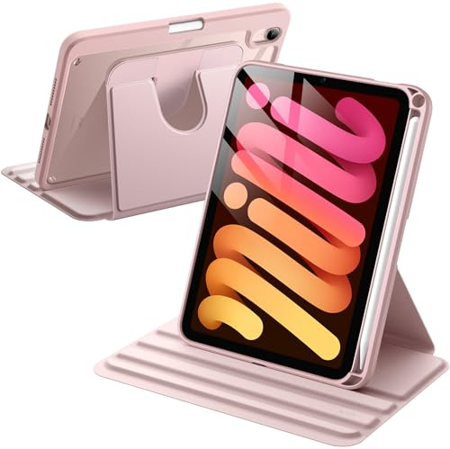 JETech Rotierende Hülle für iPad mini (A17 Pro, 2024 Modell, 7. Generation) / mini 6 (2021 Modell, 6. Generation) mit Stifthalter, Schutzhülle Ständer Transparente Rückseite (Rosa)