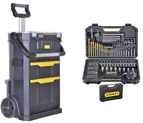 Stanley STST1-79231 - Taller móvil para herramientas 2 en 1, Dimensiones 53 x 75.60 x 32 cm & STA7205-XJ - Juego de Brocas (Taladro, Albañilería, Metal, Madera) Acero inoxidable