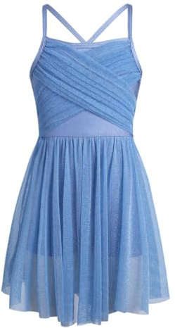 Hansber Bambina Abito da Balletto Danza Lirica Contemporanea Senza Maniche Vestito Leotard per Balletto Bambina Vestito Ginnastica con Chiffon Gonna Azzurro 14 Anni
