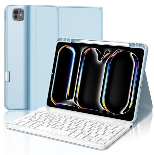 SENGBIRCH Funda con Teclado para iPad Pro 11(M4) 2024 - Teclado Español Ñ Bluetooth Inalámbrico Extraíble para Tablet iPad Pro 11 Pulgadas (M4) 2024, Azul Claro