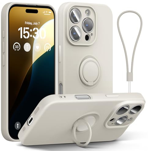 abitku for iPhone 16 Pro Case with Ring Stand, Liquid Silicone Slim Design Support Magnetic Car Mount (with Wrist Strap Lanyard) Phone Cover for iPhone 16 Pro 6.3 inch (White Stone)