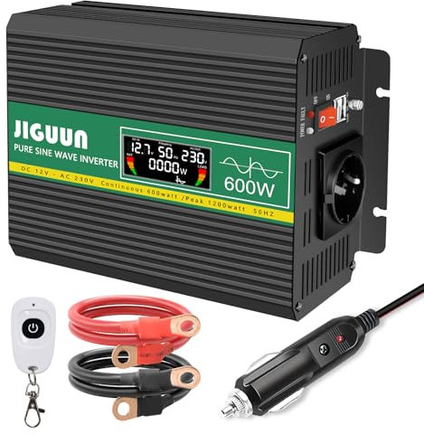 JIGUUN 600W Convertisseur 12V/24V 220V Pur Sinus Onduleur transformateur Puissance crête 1200W avec Télécommande sans Fil Écran LCD 1 Prises EU 2 Port USB pour Voiture Camping Voyage Urgence