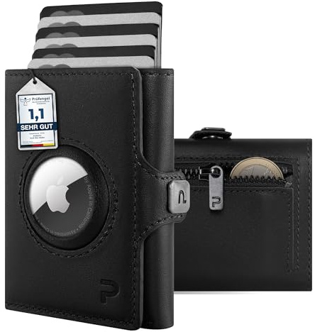 PURISTO KLIK Classic AirTag Wallet mit Münzfach - Mini-Geldbörse für Herren aus Echtleder - Kleines Kartenetui mit RFID-Schutz für 10-14 Karten - Schwarz