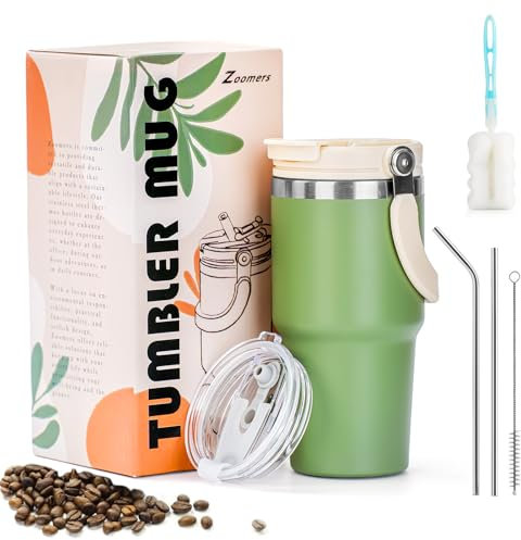 Zoomers Taza Termo Cafe para llevar con Pajitas Acero Inoxidable. Vaso Termo Cafe para llevar con Pajitas y 2 Tapas Antifugas.Vaso Termico Cafe Acero Inoxidable.Taza Termica Tumbler Mug 600 ml