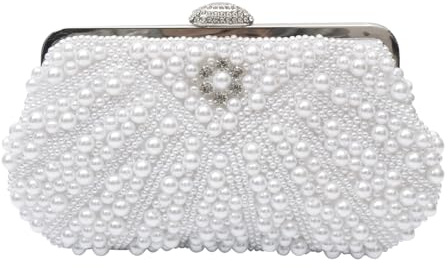 CORIOS Damen Perlen Abendtasche Luxus Clutch Tasche Elegante Handtasche Hochzeit Brautbörse Portemonnaie Tasche Kette Schultertasche Retro Umhängetasche für Geldbörse Abendparty Weiß