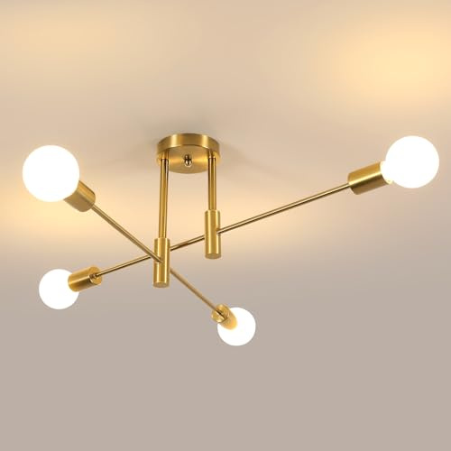 Comely Lamparas de Techo Vintage, Dorado Ajustable 4 Luces E27 Lámpara Colgante Techo, Lámpara de Araña Industrial para Dormitorio Sala de Estar Cocina Salón Comedor