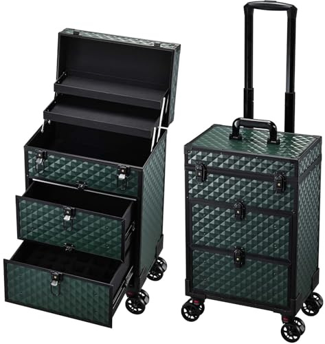 Yueieoun Rolling Makeup Train Case with Wheels 2 Large Drawers Nail Organizer Case Cosmetic Train Cases Traveling Cosmetology Case on Wheels Tattoo Carrying Case Makeup Carts Dark Green