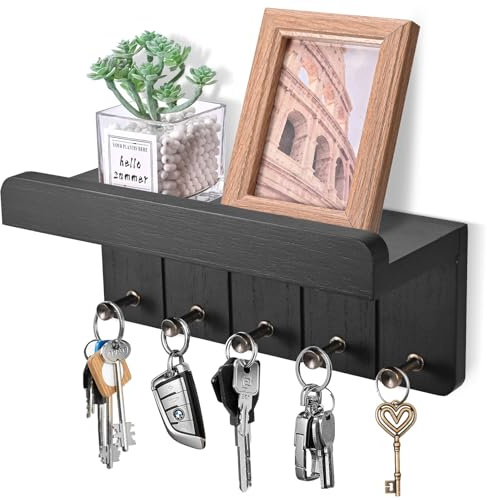 Kldgris Schlüsselbrett mit Ablage, Schlüsselbrett Holz, Dekoratives Wandregal mit 5 Schlüsselhaken, Wand Schlüsselboard für Eingangsbereich, Flur, Küche, Schlafzimmer (Schwarz)