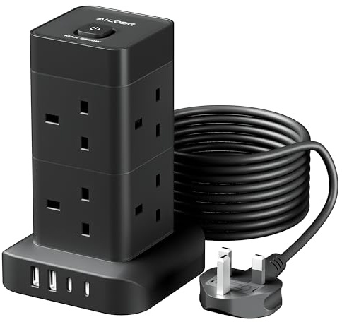 AICODE Tower Extension Lead with USB Slots,8 Way Multi Plug Socket,3M,Black | 2 USB C & 2 USB A Ports,Overload Protected,3M Extension Cable,1 Switch,13A/3250W,Plug Extension Socket Tower,For Home Office