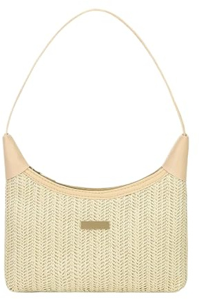 Mabecol Damen Schultertasche Stroh– Sommer Hobo Tasche Handtasche Vintage Stil – Elegante geflochtene Tasche für Alltag, Urlaub, Strand (Beige)