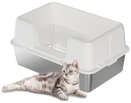 Aptliton Stainless Steel Cat Litter Box, 50x35x23cm Detachable Litter Boxes for Big Cats, Corvered Metal Litters Pan,Easy Cleaning, Anti-Urine Leakage, Non-Odor,White