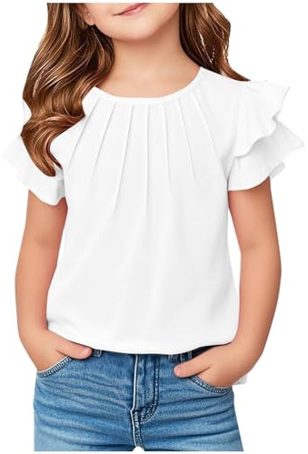 Camiseta Blanca Niña,Camisetas Manga Corta de Volantes Casual Cuello Redondo Cómoda Suelto Suave Tops Adolescente Ligera Camisa Largo Blusa T-Shirt Basic Moda tee Shirt Ropa Niña Rebajas 5-13 Años