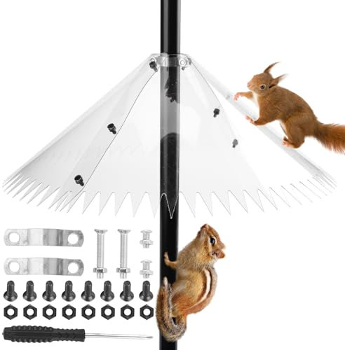 OFC Lenw Deflettore per scoiattolo per mangiatoia per uccelli, montaggio a palo esterno, deflettore a prova di scoiattolo con bordo seghettato, protezione per casetta per uccelli per esterni, protegge