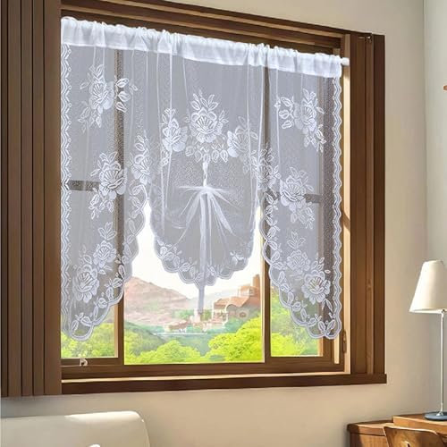 KnBoB Scheibengardine Küche (100x150cm) – Halbtransparent Blumen & Blätter Stickerei Spitze Voile, M-Bogen, Stangendurchzug, Polyester, Weiß – Landhausstil