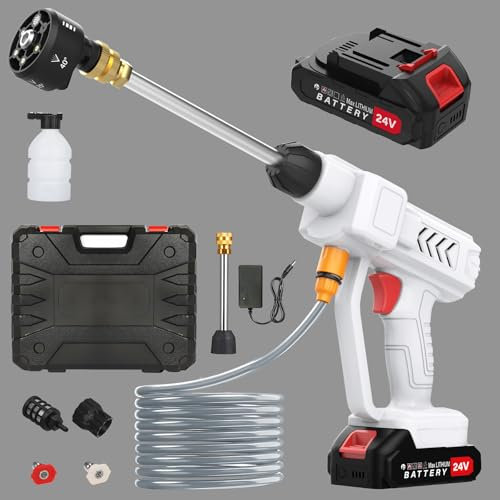 Nettoyeur Haute Pression sans Fil, Max 260 PSI, Nettoyeur Haute Pression avec Buse 6 en 1, Pistolet Haute Pression sans Fil avec 2 Batteries, Tuyau de 5M, pour Nettoyer Les Voitures, Sols
