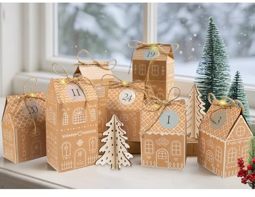 RUBY Calendrier de l’Avent à remplir – 24 maisonnettes pain d’épices DIY avec guirlande lumineuse LED, ficelle de jute, autocollants numérotés – Réutilisable pour toute la famille