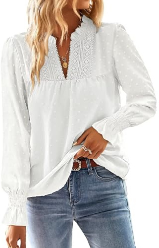 TUUHAW Långärmad T-shirt dam höst elegant v-ringad blus 2025 mode broderi spets topp enfärgad kläder, Vit, 3XL