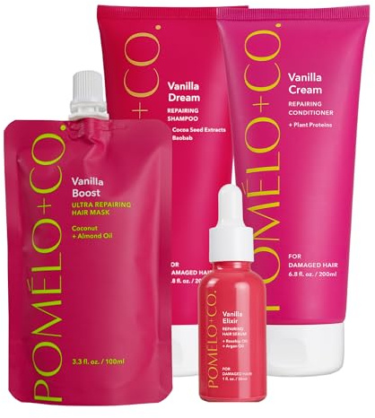 Pomélo+Co. Vanilla Line Advanced Repair Routine 4er Set - geschädigtes Haar | Shampoo - Conditioner - Pre-Shower Maske und Haarserum für glänzendes Haar - vier Produkte für trockenes und brüchiges Haar