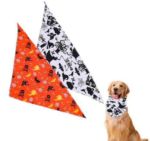 WUSJCOF 2Pcs Einstellbare Dreieck Hundehalstuch mit Hexe Kürbis-Muster, Hundekostüm Halloween für kleine mittlere große Hunde