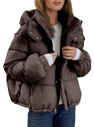 Generisch Veste matelassée courte pour femme avec capuche amovible - Veste d'hiver épaisse de style cropped | Alternative à la doudoune matelassée, Style_z02 Marron, M