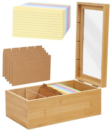 Les-Theresa Karteikarten Box, 26 * 15 * 10.1 cm Karteikartenbox mit Deckel Vokabelbox Karten Karteikasten mit 4 Ablagefächern und 305 Stück Karteikarten, Lernkarteibox Holz für Büro, Schulen, Heim