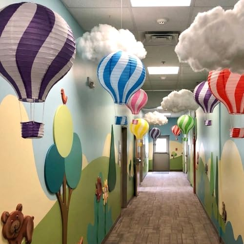 12 Pcs Classroom Decoration Hanging Clouds from Ceiling with Hot Air Balloon 6 Artificial Cloud 6 Hot Air Balloon Paper Lanterns for Classroom Birthday Baby Shower Nursery Daycare Kindergarten