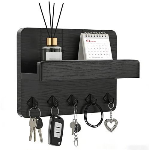 familaha Étagère à clés multifonctionnelle avec 5 crochets à clés, noir, pour entrée, couloir, cuisine, salon, chambre à coucher