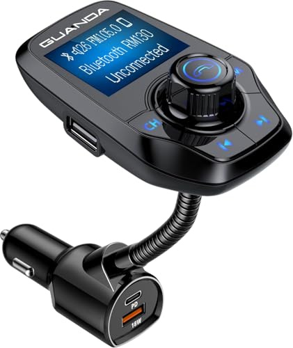 FM-Transmitter Bluetooth 5.3 für Autos, Bluetooth-Radioadapter-Transmitter für Autos, kabelloser Audio-Transmitter und -Empfänger, 1,44-Zoll-Display, AUX-EIN-/Ausgang, SD-/TF-Karte, USB-C-Ladegerät