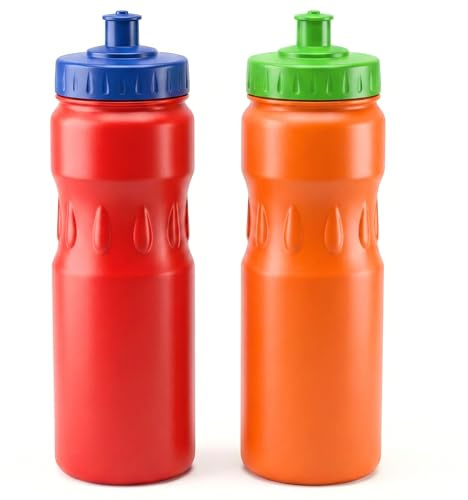 Jolly Brite 750ml Plastic Water Bottles 2 Pack for Cycling, School and Gym, Sports Cap Water Bottles with Push Pull Caps, BPA Free Leak Proof Bike Bottles (Red & Orange)