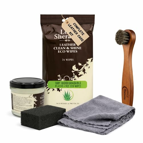 Glameno Leather Care Kit with Leather Balsam 125ml, Cleaning Wipes (24 Pack), Horsehair Brush, Microfibre Cloth & Sponge - Cleans, Conditions & Protects Sofas, Shoes, Handbags, Car Seats & Furniture