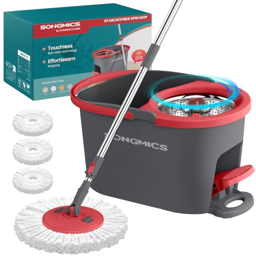 SONGMICS Juego de Fregona y Cubo, Escurridor Giratorio, Fregona, Pedal, Mango Telescópico de 122,5 a 150 cm, Cabezal Giratorio de 360°, 3 Paño de Microfibra, Gris y Rojo LMB002GT03