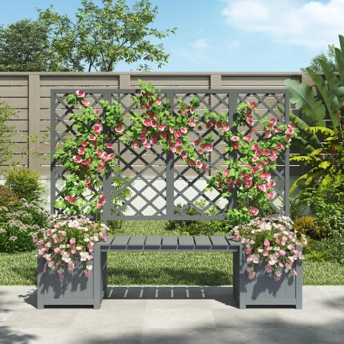 Merax Pflanzkübel mit Spalier und Sitzgelegenheit – Blumenkasten mit Rankhilfe für Kletterpflanzen, Sichtschutz für Garten, Terrasse und Balkon, Massives Tannenholz, Viel Platz für Pflanzen