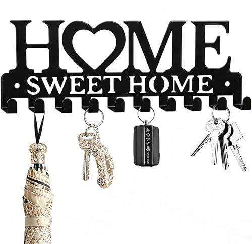 Vwejofff 10 Hooks Heavy-Duty Key Holder for Wall - Black Metal Key Hooks, Self-Adhesive or No-Drill, Keys Hanger for Entryway, Home, Office & Door Decor, Keys Hook Organizer for Living Room Kitchen
