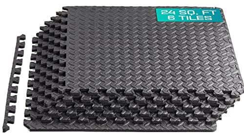 Yes4All HQKY Interlocking Exercise Foam Mats – Interlocking Floor Mats for Gym Equipment – Eva Interlocking Floor Tiles (24 Square Feet – Black – 6 pcs)
