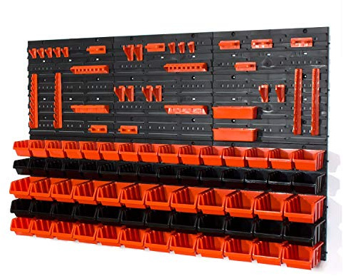42 stapellådor med vägghylla 120 x 80 cm | lagerhylla verktygsvägg verkstad garage väggplattor svart orange