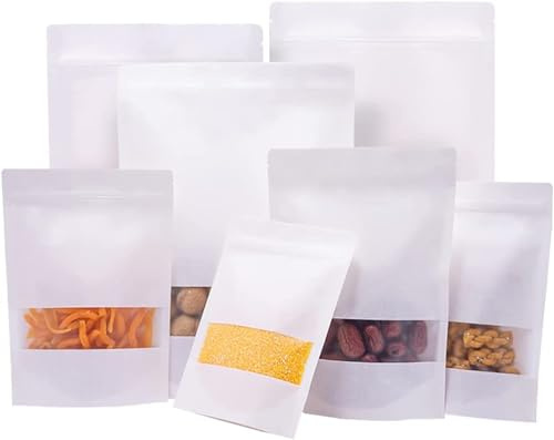 Standbodenbeutel mit Sichtfenster,Papiertüten,Kraftpapier Tüten, Geschenktüten, für Nüsse, Süßigkeiten, Kaffeebohnen, Getreide, Trockenfutter, Tiernahrung usw. 50Stück 120x200mm Weiß