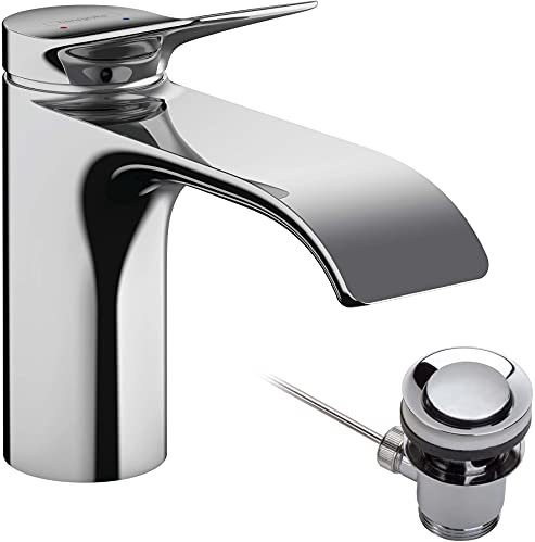 hansgrohe Vivenis - Waschtischarmatur mit Zugstangen-Ablauf, Wasserhahn Bad mit Auslauf Höhe 80 mm, Mischbatterie Waschbecken wassersparend (EcoSmart), Chrom, 75010000