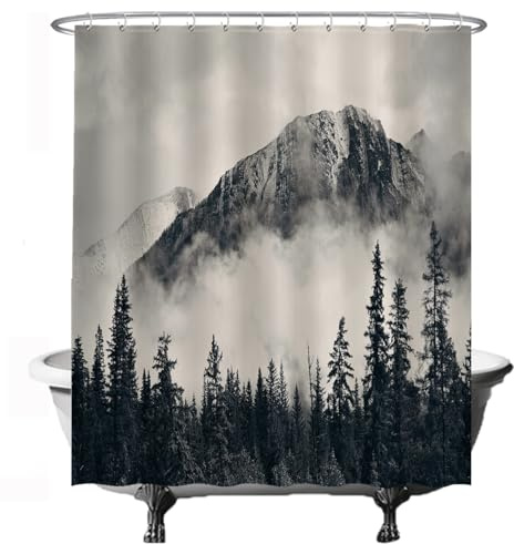 Ulticool Duschvorhang - Berge Natur Nebelwald - 180 x 200 cm – Waschbar – Anti Schimmel - Wasserdicht - mit 12 Ringe - Weiß Grau Schwarz