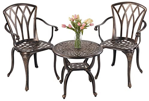 Jardin DE CENTENNAIL 3-teiliges Bistro-Set für den Außenbereich, aus Aluminiumguss, rostbeständig, Motiv Sessel (Kupfer)