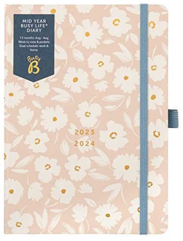 Busy B Mid Year Busy Life Diary August 2023 - August 2024 - Pink Blumen - A5 Wochenübersicht Academischer Terminkalender 2023-2024 mit Stifthalter, elastischer Verschluss und Steckfächer