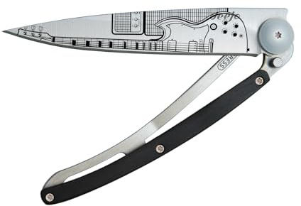 deejo – Klappbares Taschenmesser 37 g mit Gürtelclip – Griff aus Ebenholz, Klinge aus Edelstahl Z40C13 – Motiv Rock'n roll – Tischmesser, Wandern, Camping, Biwak