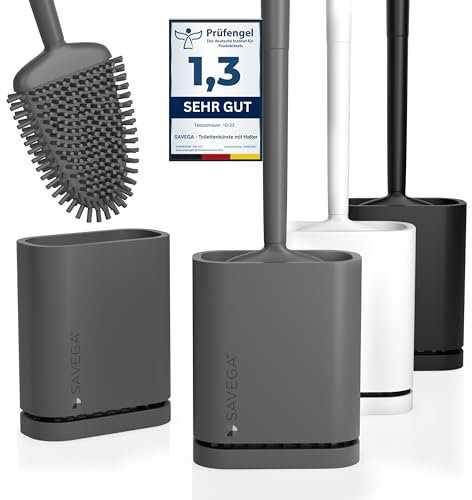SAVEGA - Silikon Klobürste mit flachem und biegsamem Kopf - Toilettenbürste aus Silikon mit schnell trocknendem Halter - Moderne WC Bürste für die Wandmontage ohne Bohren (grau, matt) - 1er Set