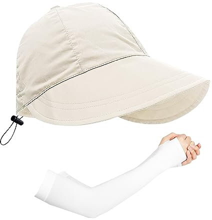 1 beige Damen-Sonnenblende-Hut mit 1 Paar Sonnenschutz-Handärmeln, Sonnenschutzstrandhut, Outdoor-Hüte mit breiter Krempe, kann für Camping, Reisen, Angeln, Einkaufen verwendet Werden