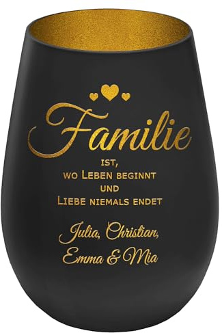 Windlicht mit Gravur Familie - personalisierbar mit Namen - Außen Schwarz/Innen Gold - Höhe 12 cm - Teelichthalter Kerzenhalter Vornamen Familienmitglieder