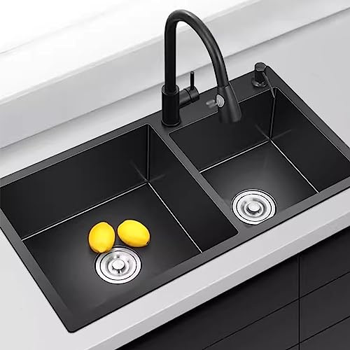 Fregadero de Cocina Negro de Acero Inoxidable Moderno de Dos Senos de Gran Capacidad con Grifo Negro Incluidos los Accesorios (80x45x21cm)